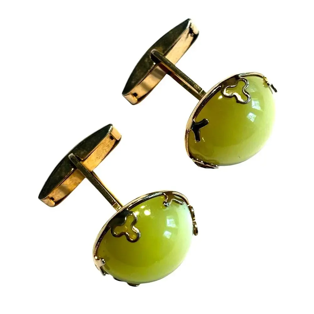 Vintage mid century gold cufflinks yellow Lucite lemon drop moonglow bead center